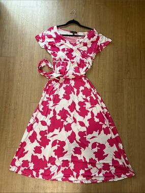 Lexington Avenue Floral Wrap Midi Dress in Pink and White with Tie Waist